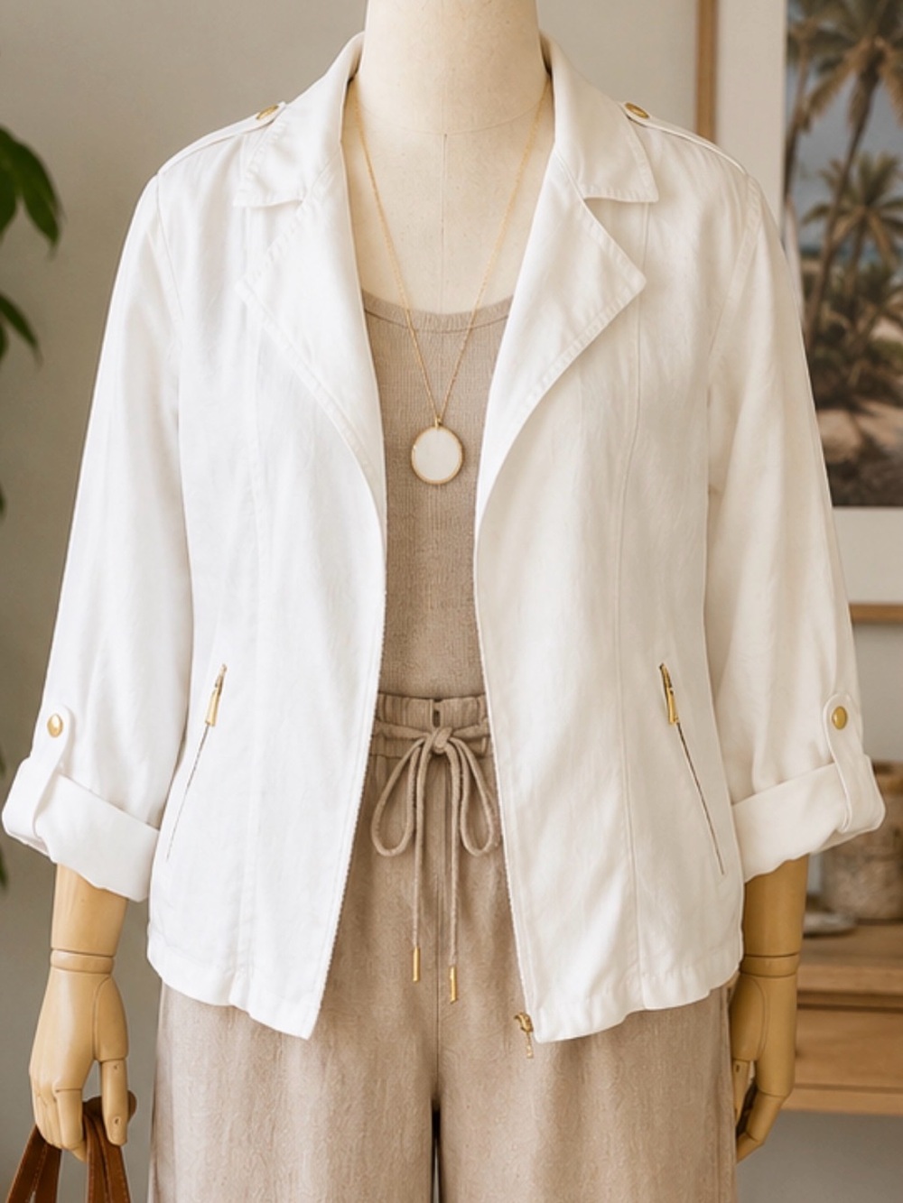 Chico's 100% Linen Open Front Jacket White Roll Tab Zip Pocket Women's Size 3 XL